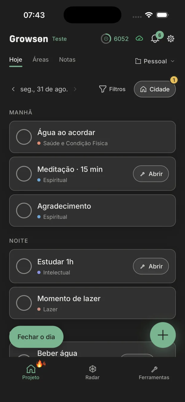 Tela inicial do Growson mostrando os hábitos do dia organizados por área da vida